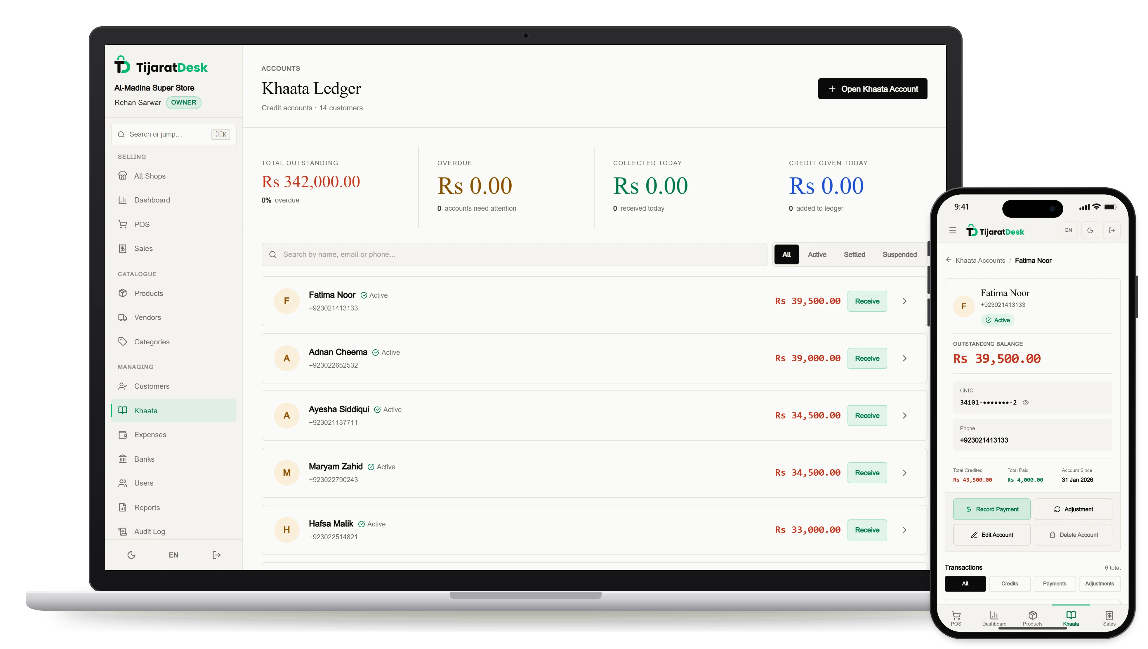 The khaata ledger on a laptop, 14 credit customers and Rs 342,000 outstanding, beside Fatima Noor's statement on a phone: Rs 39,500 outstanding, Rs 43,500 credited and Rs 4,000 paid, with every entry and its running balance
