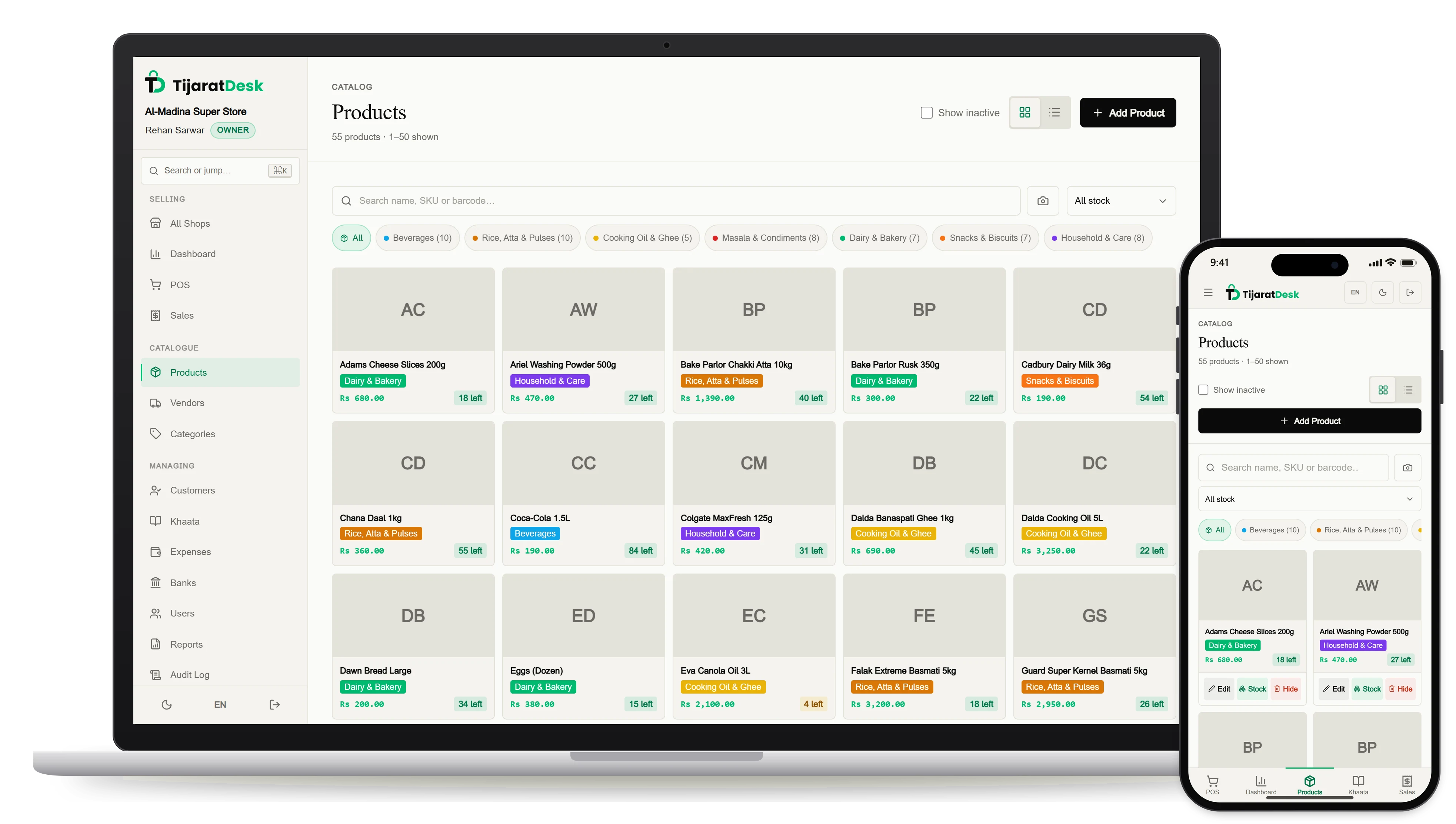 The product list on a laptop and a phone: 55 products across seven categories, from Beverages to Household & Care, each with its price and how many are left