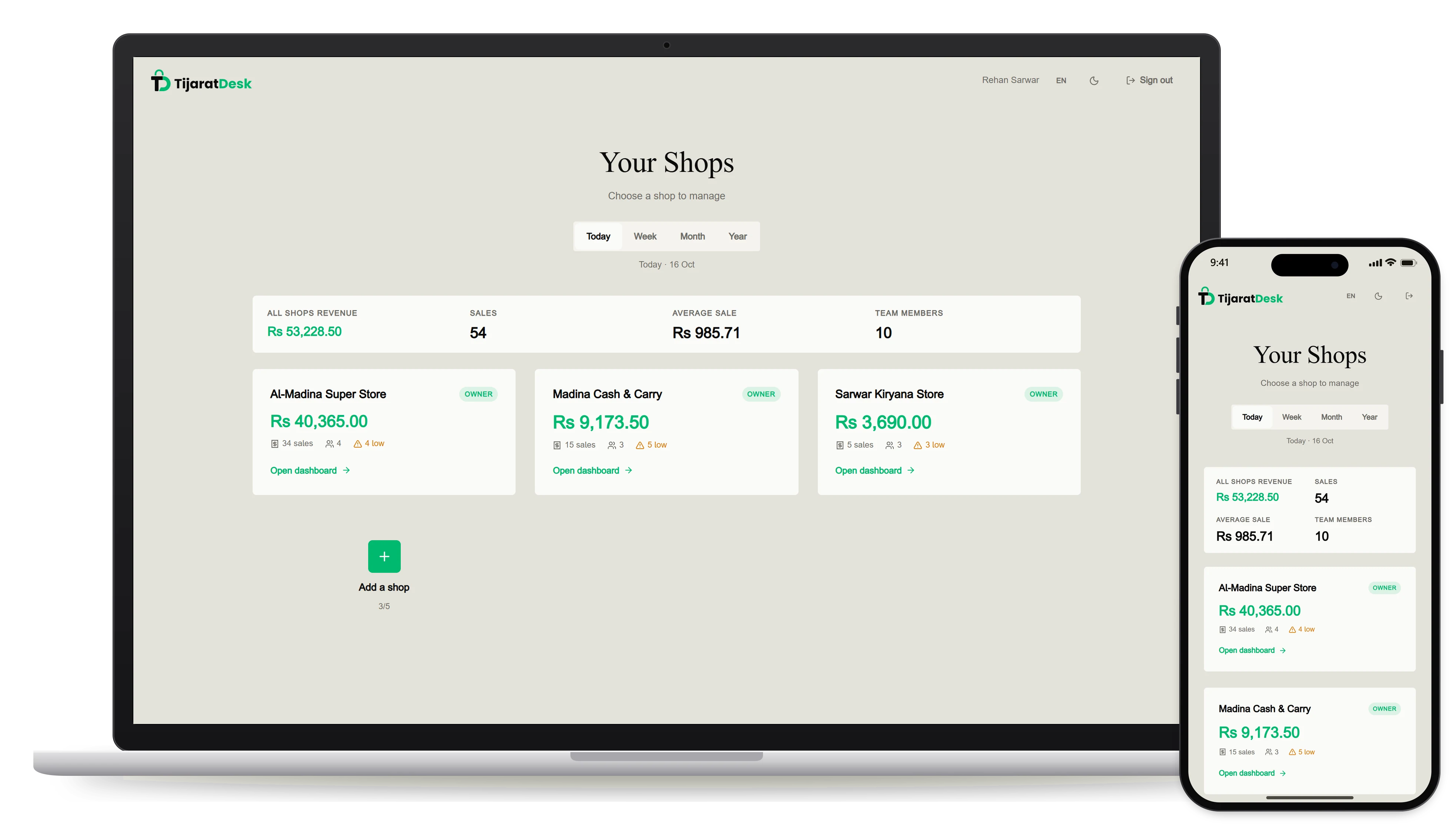The Your Shops screen on a laptop and a phone: Al-Madina Super Store Rs 40,365 from 34 sales, Madina Cash & Carry Rs 9,173.50 and Sarwar Kiryana Store Rs 3,690, with Rs 53,228.50 across all shops today