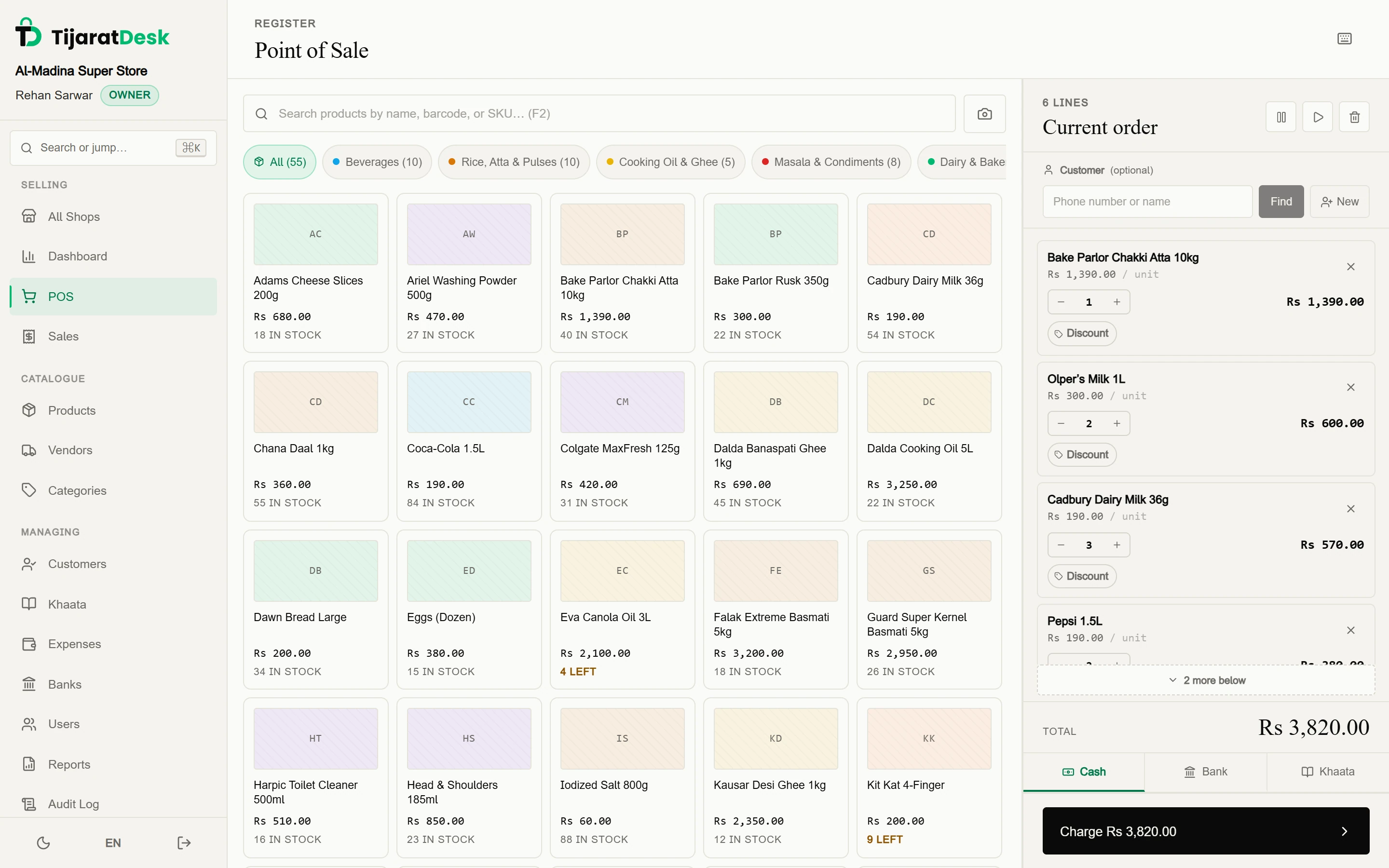 The TijaratDesk point of sale: a product grid with category chips, and a six-line order of atta, Olper's milk, Cadbury, Pepsi, Surf Excel and Lay's totalling Rs 3,820